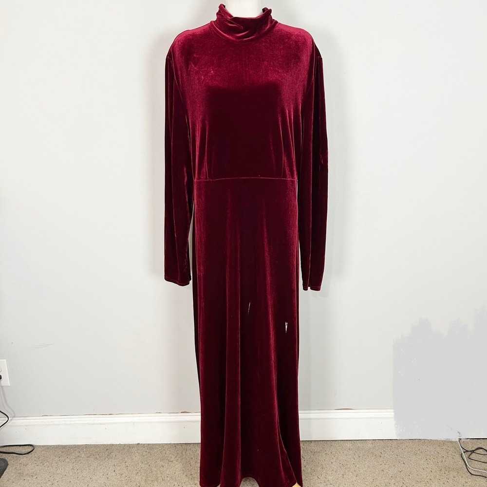 Vintage Women's Long Dress Burgundy Velvet Mock Neck Size 20 Tall Womens